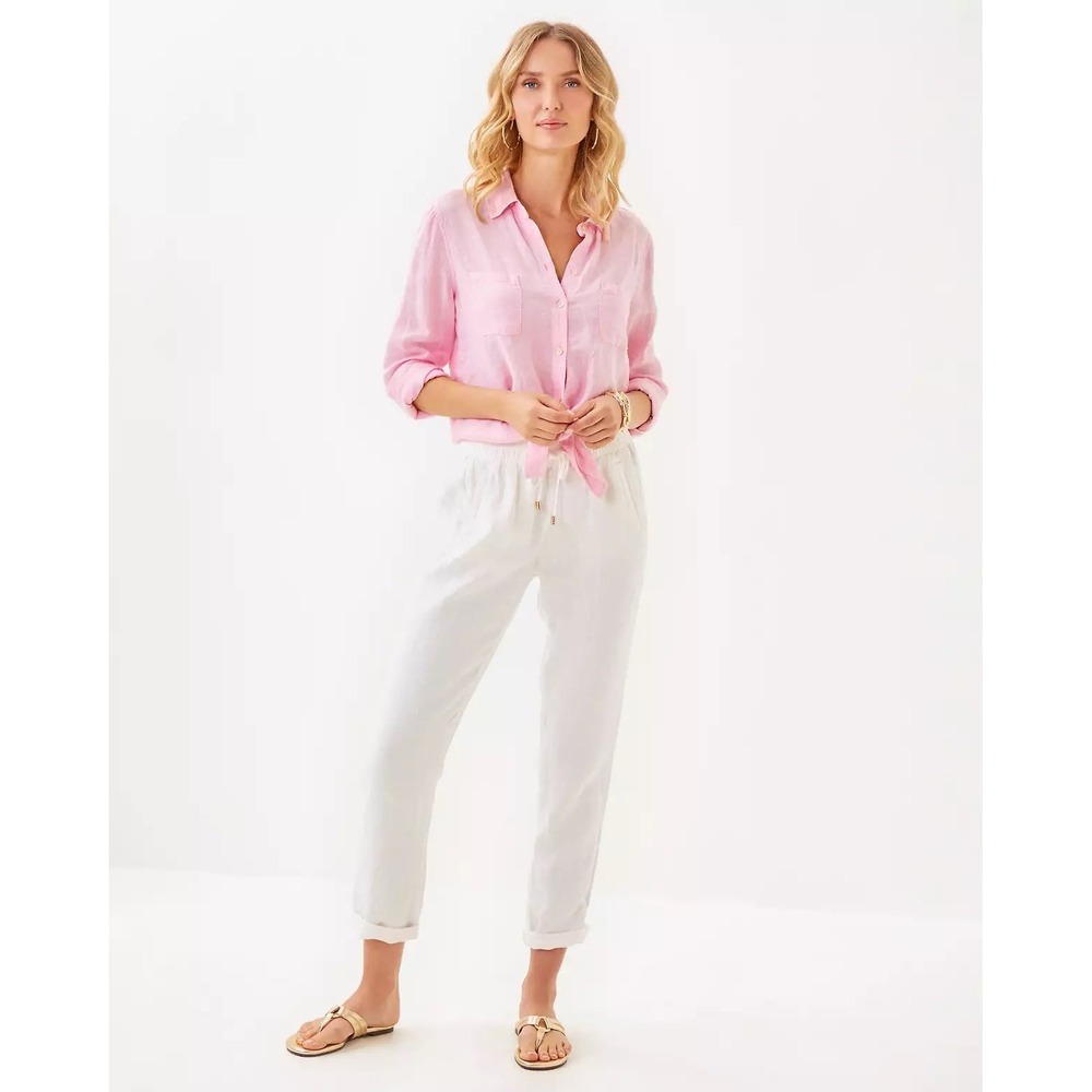 Lilly Pulitzer Taron Mid‎ Rise Pull On Linen Pants White 016814 Womens Small